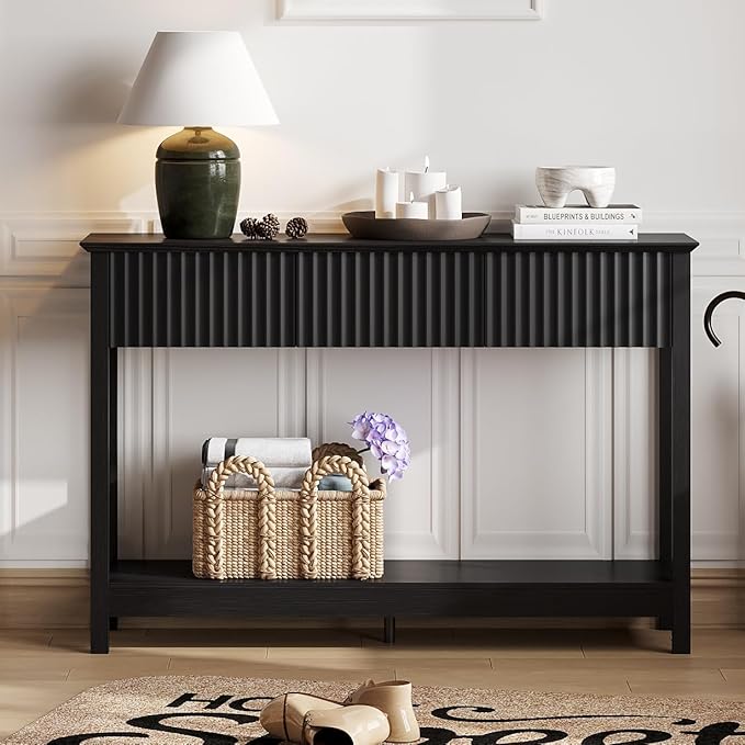 Treocho 47" Fluted Console Table with 3 Drawers, Narrow Long Entryway Table with Storage and Shelf, 2-Tier Sofa Table Behind Couch Accent Tables for Entrance Foyer, Hallway, Living Room, Black
