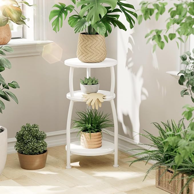 Small Round Side Table, 3-Tier End Table with Storage Shelf, Slim Sofa Table Coffee Table, Sturdy & Easy Assemble Nightstand for Small Spaces, Living Room Bedroom Corner, White