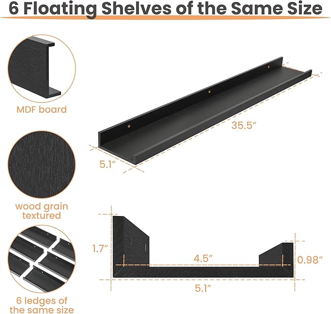 upsimples Floating Shelves for Wall, 35.5 Inch Shelves for Decor Storage Set of 6, Wall Mounted Wood Shelf for Bedroom, Living Room, Bathroom, Kitchen, Long Picture Ledge Shelves, Black