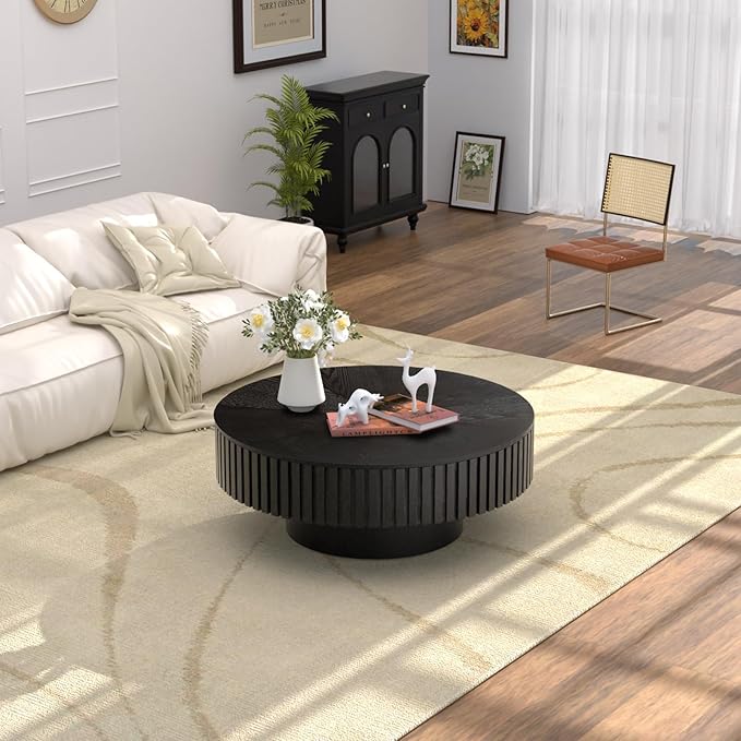 Round Drum Coffee Table with Storage, 31.5" Modern Handcraft Fluted Drum Coffee Table, Wooden Circle Center Table with Sturdy Pedestal for Living Room Apartment (31.5" Black with Storage)