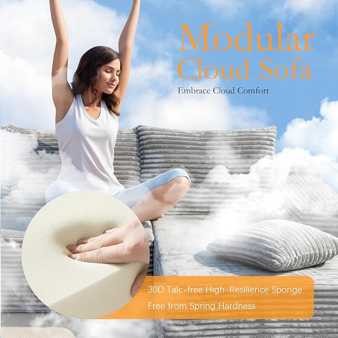 106''Boneless Couches for Living Room, L Shaped Modular Sectional Sofa with Chaise Lounge, Faux Rabbit Fur & Layered Cushion Deep Seat Cloud Couch, No Assembly (Grey, Right Facing Chaise)