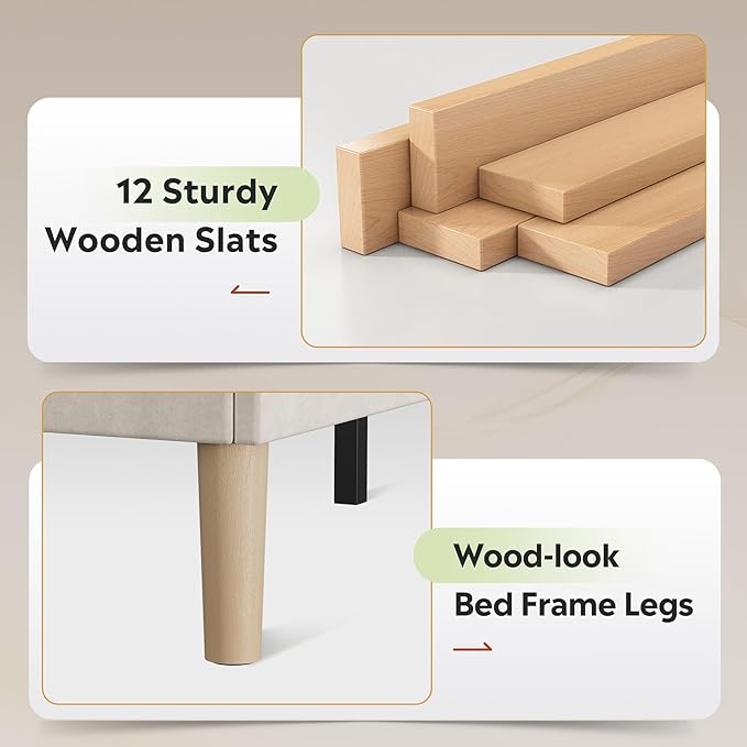 WLIVE Full Size Upholstered Bed Frame with Storage Headboard, Velvet Square Tufted Platform Bed with Charging Station, Sturdy Metal & Wooden Slats Support, No Box Spring Needed, Beige