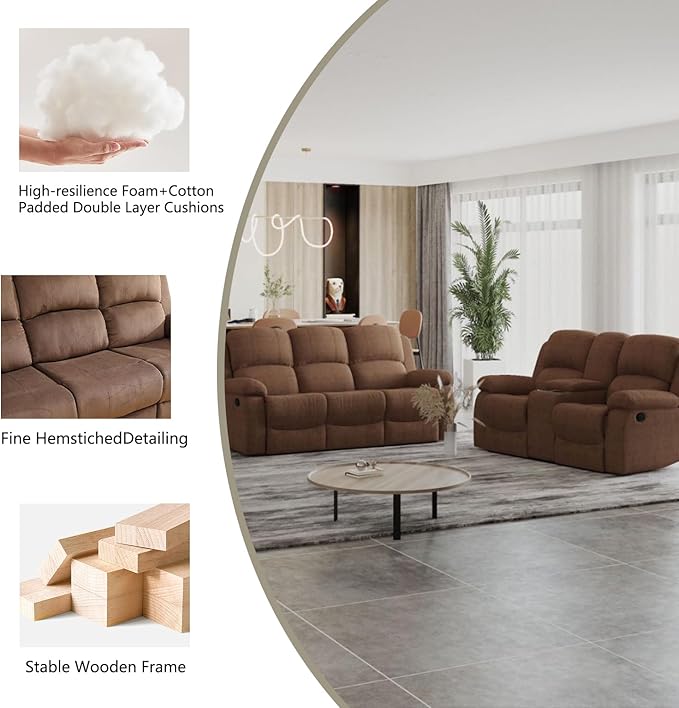 Manual Recliner Sofa Set,Microfiber Reclining Couch Set,Modern Living Room Furniture Set,Reclining Sofa Couch Chair for Living Room Home Office(Brown,Sofa+Loveseat)