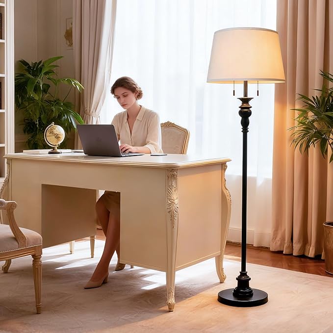 Standing Lamp, Living Room Lamp with Remote, Dimmable Floor Lamp with APP Control, 3 Color Temperatures, Stepless dimming, Farmhouse Floor Lamps for Bedroom, 2 Bulbs(Included)