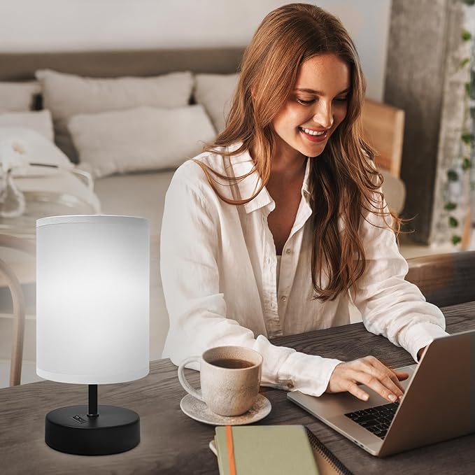 Small Lamp for Bedroom, Bedside Lamps for Night Stands, Mini Minimalist Table Lamp with Round Gray Fabric Shade, 9 Inch Desk Reading Lamp for Dorm Room Living Room Office Room, 2 Pack