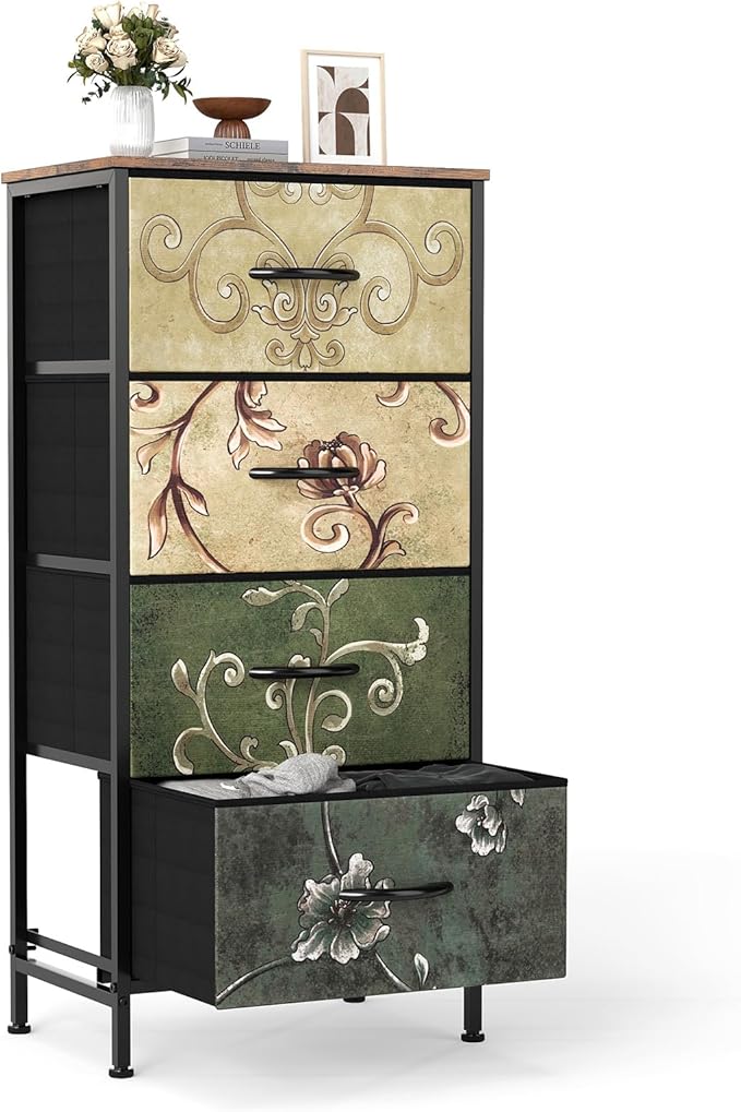 DUMOS Nightstand with 4 Drawers Bedside Table with Removable Fabric Bins Sturdy Steel Frame Wood Top Organizer Furniture for Bedroom Closet Living Room,Floral Painted