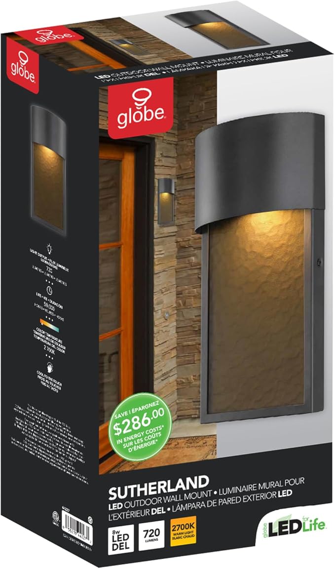 GLOBE Electric 44227 1-Light Outdoor Wall Sconce, Bronze Finish, Amber Water Glass Shade, Integrated 8.5W LED, Weather-Resistant Modern Outdoor Lighting