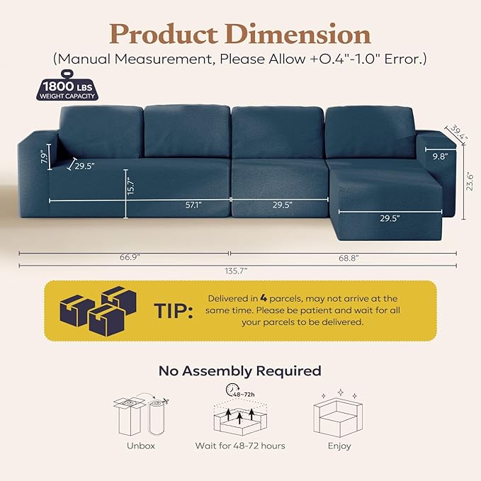 136" Modular Sectional Couch Left/Right Facing Convertible, L-Shape Modern Teddy Sofa, Deep Seat Upholstered Foam Couch for Living Room Bedroom, No Assembly Required (Blue, Teddy Boucle)
