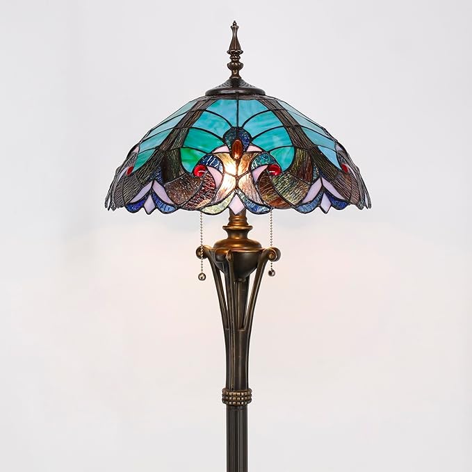 Tiffany Floor Lamp Green Liaison Stained Glass Standing Reading Light 16X16X70 Inches Antique Pole Corner Lamp Decor Bedroom Office Living Room