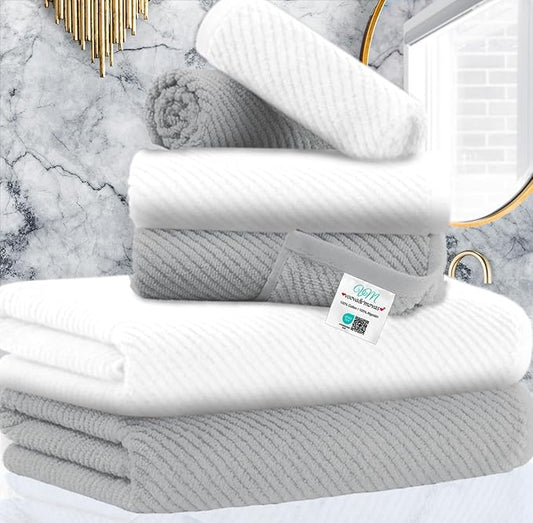 VOOVA & MOVAS Bathroom Towel Set - 100% Cotton | Soft | Quick Dry, Towel Set of 6, 2 Large Bath Towels 30"x56", 2 Hand Towels 18"x28", 2 Washcloths 13"x13", Bathroom Essentials, Grey and White