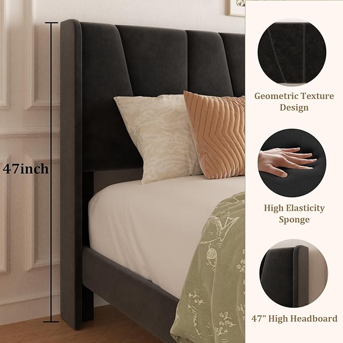 King Bed Frame with Storage Drawers, Upholstered King Size Platform Bed with 47“ Tall Headboard and Wingboard, No Box Spring Needed, NO Noise, Easy Assembly, Wooden Support Slats, Black