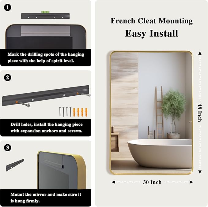 Gold Metal Deep Frame Mirror - 30" x 48" Rectangular Wall Mounted Vanity Mirror for Bathroom, Bedroom, Living Room & Entryway Decor