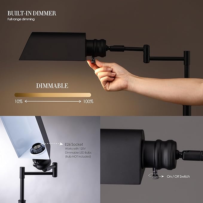 O’Bright Arcadia - Pharmacy Floor Lamp, Full Range Dimming, Swing Arm Task Lamp, E26 Socket, Bulb Replaceable, Adjustable Height 47” to 55”, 360° Rotatable Shade, All-Metal Design, Black