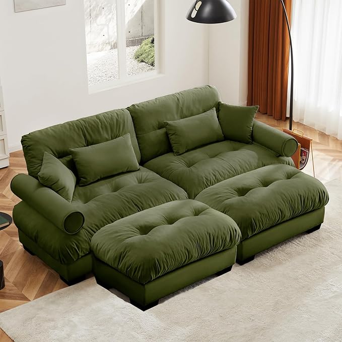 93.7" Loveseat Sofa, 2 Seater Modular Sectional Sofa, Olive Large U Shaped Sectional Couches for Living Room, Fluffy Couch, Love Seat, Velvet Cloud Couch with Ottoman, Deep Seat Sofas for Living Home