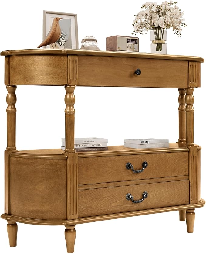 HMFULE Retro Curved Console Table, 43" Solid Wood Half Moon Console Table Entryway Table Sofa Table with Open Shelf Curved Corners 3 Drawers Pine Roman Legs for Living Room,Hallway,Entryway,Brown