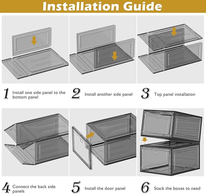12 Pack Clear Shoe Storage Organizer with Magnetic Door, Stackable Plastic Shoe Boxes for Sneakers, Boots, and Heels, Space-Saving Foldable Shoe Rack for Closet, Durable Shoe Cabinet Organizer, Black