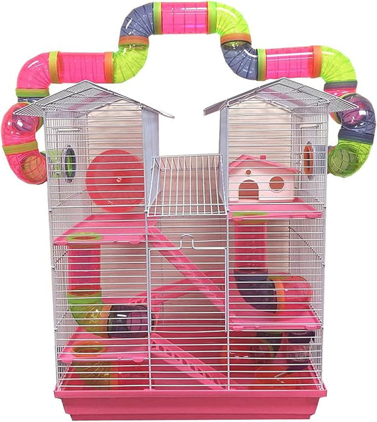 Pink Large Twin Tower Habitat Hamster Rodent Gerbil Mouse Mice Rat Wire Animal Cage Long Crossing Tube