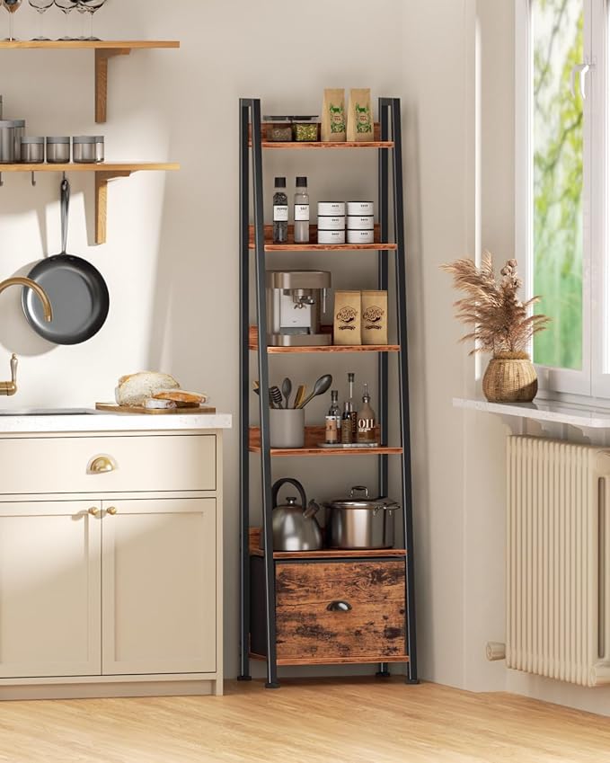 Furologee 6 Tier Ladder Shelf,Ladder Bookshelf with Drawer,Industrial Tall Bookcase,Storage Rack Organizer,Wood Metal Freestanding Shelves for Living Room, Home Office, Bedroom,Rustic Brown