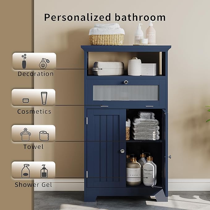 ChooChoo Bathroom Floor Storage Cabinet with Flip Glass Drawer, Freestanding with 2 Doors, Adjustable Shelf & 1 Open Storage for Living Room, Hallway, Navy Blue
