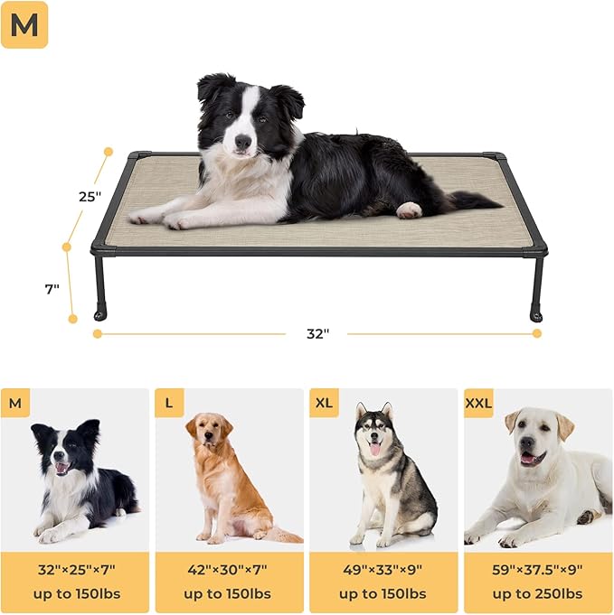 Veehoo Chewproof Elevated Dog Bed - Cooling Raised Pet Cot, Breathable Mesh, Washable & Non-Slip for Medium Dogs, Indoor/Outdoor, Beige Coffee Mat and Black Frame, 32x25inches (Model CWC2203A03)