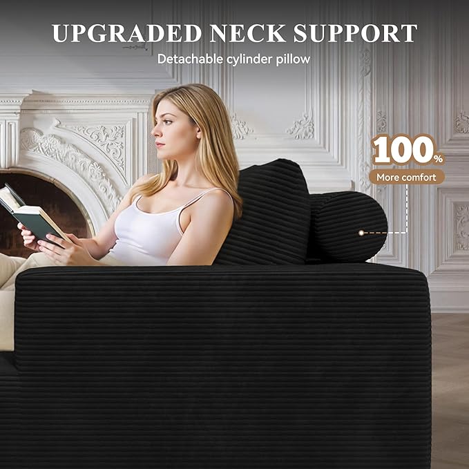 Boneless Couches for Living Room 104",Modular Sectional Sofa with Ottoman,Cloud Couch in a Box,Sponge Compression U Shaped Sofas with Chaise No Assembly Required(Black-Corduroy Fabric) 1pcs