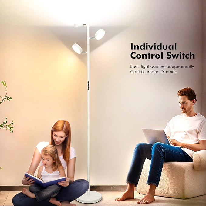 White Floor Lamp with Remote Tall Standing Lamps 30W LED Tree Floor Lamp with 3 Adjustable Heads Touch Control Timer 4 Color Temperatures Light Lamps for Living Room Office Bedroom Crafting