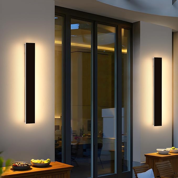 2 Pack 31.4inch Modern Exterior Wall Lights, 3000K Warm White, Outdoor Wall Mount Linear Sconces, 31W, IP65 Waterproof Minimalist Strip Led Lighting for House, Porch, Garage, Garden