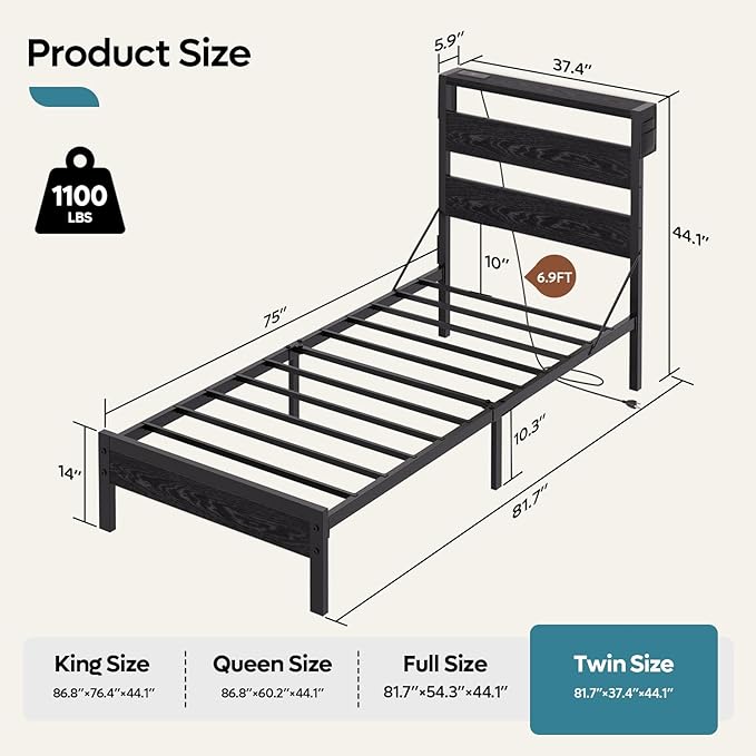 Bestier Twin Bed Frame with Storage Headboard and Charging Station, Black Platform Bed Frame with LED Light, Non-Slip Metal Bed Frame, Noise-Free, Easy Assembly