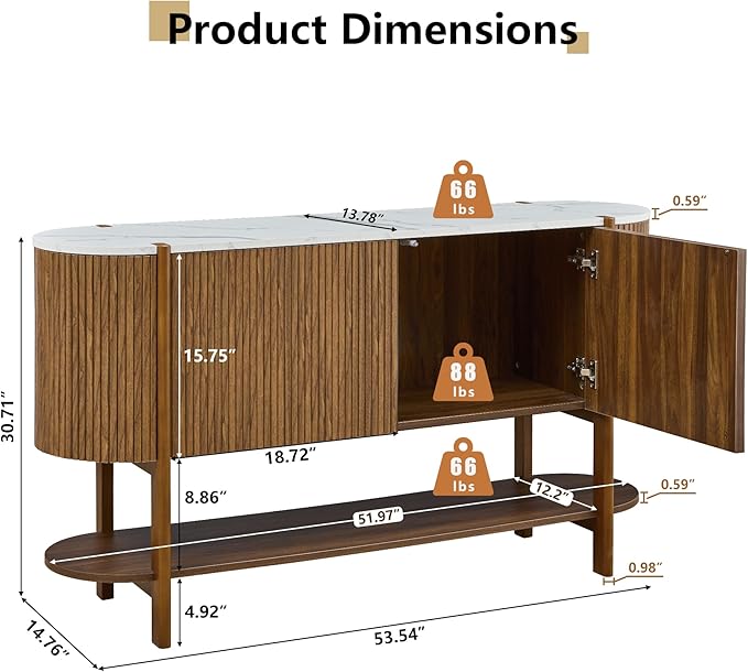 Console Table with Storage, Fluted Entryway Table with 2 Doors and Open Shelf, Long Sofa Table Behind Couch for Living Room, Hallway (Walnut)