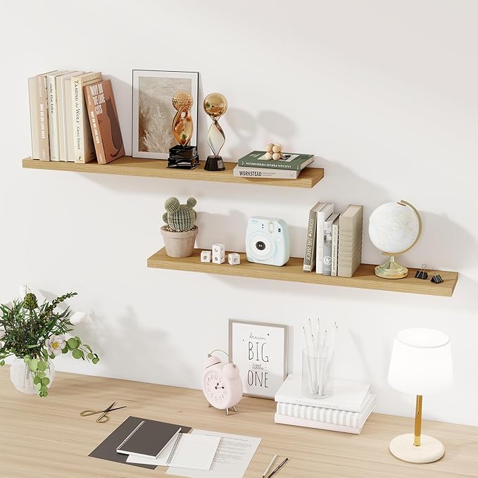 Fun Memories Floating Shelves for Wall, 40" Rustic Wood Deep Wall Mounted Shelves with Invisible Brackets for Decor & Storage, Floating Shelf for Living Room, Bathroom (Oak, Set of 2)