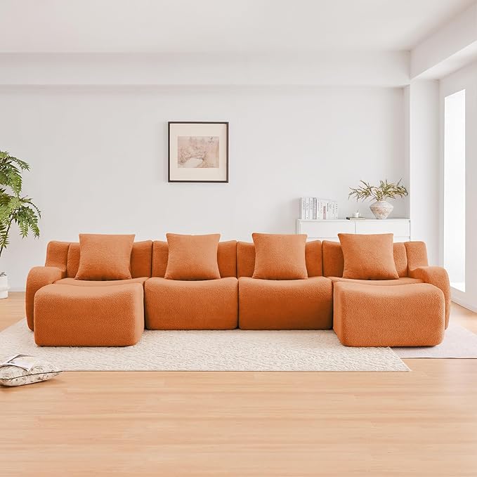 Orange U-Shaped Cloud Couch with 2 Ottomans, Modern Teddy Fabric Boneless Sectional Sofa in a Box for Living Room, Modular Floor Couch, Deep Seat, No Assembly Required, Sofas para Sala
