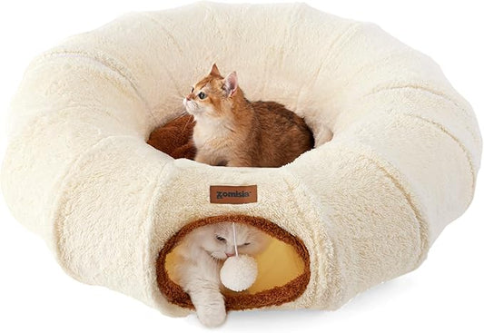 Cat Tunnel Bed for Indoor Cats, Cute Cat Donut Toy Tunnel for Small Large Cats, Peekaboo Pet Cave Play Tunnel for Kitten/Rabbit,Beige