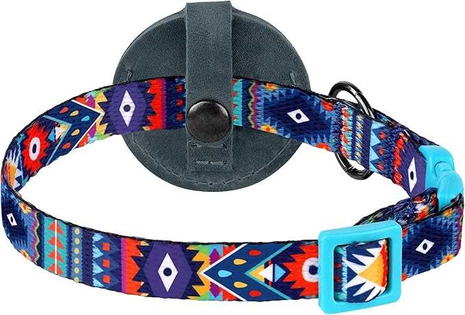 Airtag Cat Collar with Bell - Non Breakaway Soft Pet Collar with Leather Air Tag Holder - Adjustable GPS Anti-Lost Collars for Girl Boy Cats Kitten Puppies, Lightweight and Patterned (Aztec Blue)