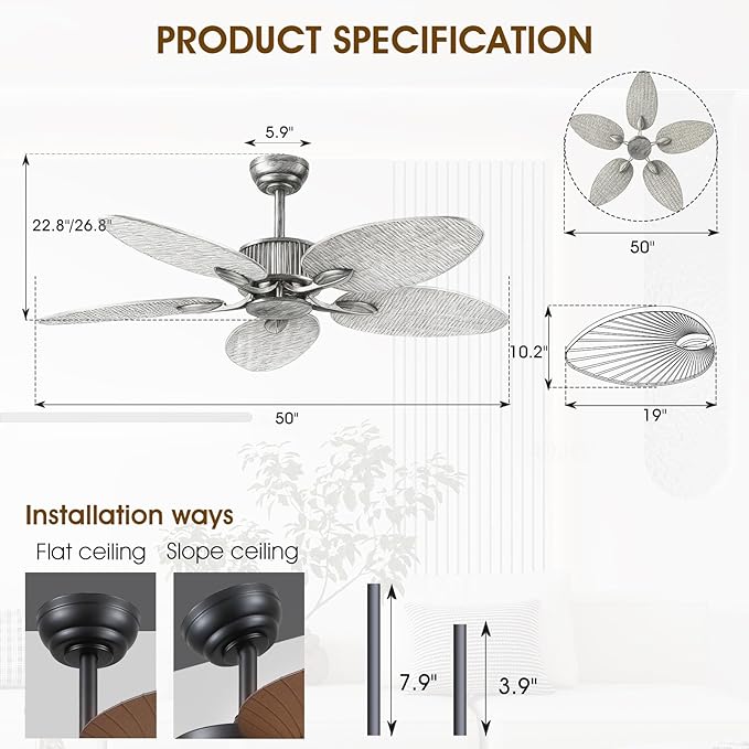 50 Inch Tropical Ceiling Fan no Light, Outdoor Waterproof Palm Leaf Ceiling Fans for Patios Porches, Remote +APP Control, Wet Rated, 6 Speeds, Quiet, Dark Brown