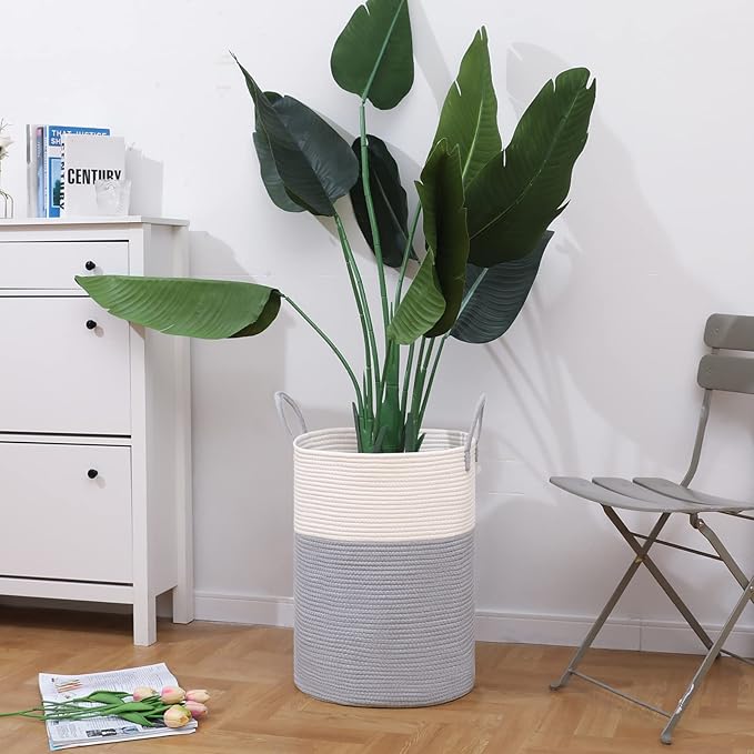 VIPOSCO Large Laundry Hamper, Tall Woven Rope Storage Basket for Blanket, Toys, Dirty Clothes in Living Room, Bathroom, Bedroom - 58L Grey & White