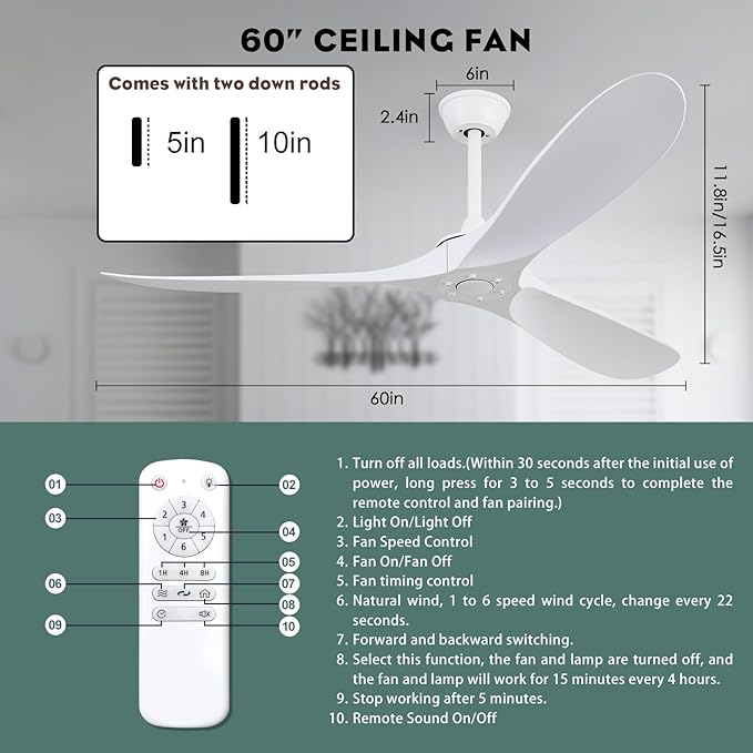 60 inch 3 blade ceiling fan without light, Noiseless Reversible DC Motor Ceiling Fan Without Light for Farmhouse Patio Living Room Bedroom, Indoor Outdoor Ceiling Fan with Remote-white