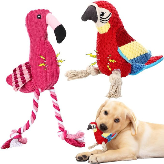Soulchen 2 Pcs Dog Squeak Toys Cute Plush Flamingo Dog Toys with Knot Stuffed Parrot Chew Toy Interactive Gifts for Small Medium Large Dogs Aggressive Chewers Puppy Entertaining Keep Them Busy