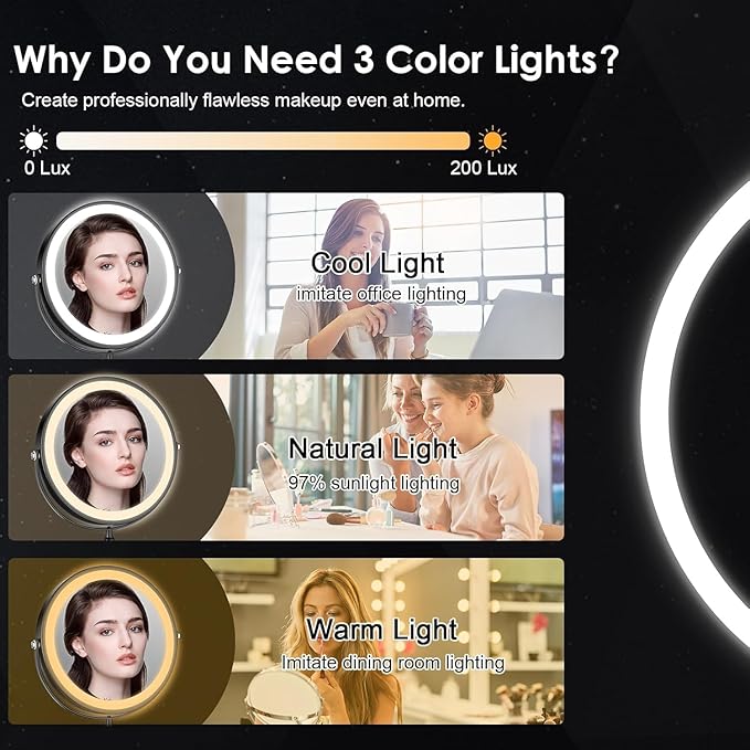 Lighted Makeup Mirror, 3000 mAh Rechargeable Double Sided Magnifying Vanity Mirror with 3 Colors, 1x/10x, 360° Rotation , Brightness Adjustable Magnification Cosmetic Light up Mirror, Women Gift