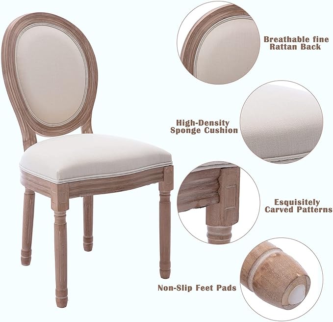Nrizc French Dining Chairs Set of 6, French Country Dining Chair, Vintage Farmhouse Dining Chairs with Round Back, Solid Wood Beige Fabric Dining Room Chairs, for Kitchen, Bedroom, Dining Room