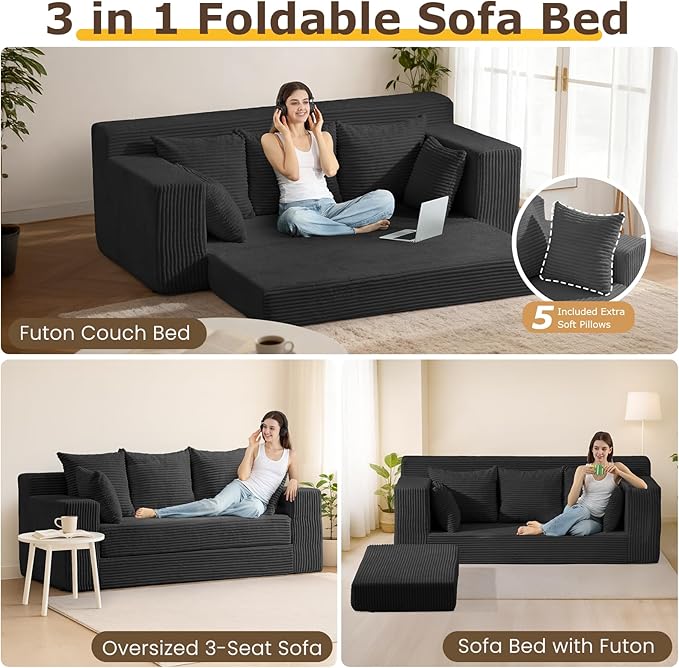 3 Seater Boneless Couch for Living Room, Convertible Futon Sofa Bed Comfy Pull Out Couch with 5 Pillows & Detachable Washable Cover, Upholstered Floor Sofa in A Box, No Assembly Required, Black