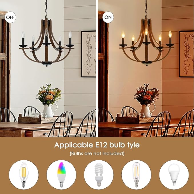 Farmhouse Chandeliers for Dining Room Light Fixture, 5-Light 24 inch Faux Wood Texture Hanging Lighting Fixtures, Rustic Candle Chandeliers for Living Room Kitchen Island Foyer Entryway