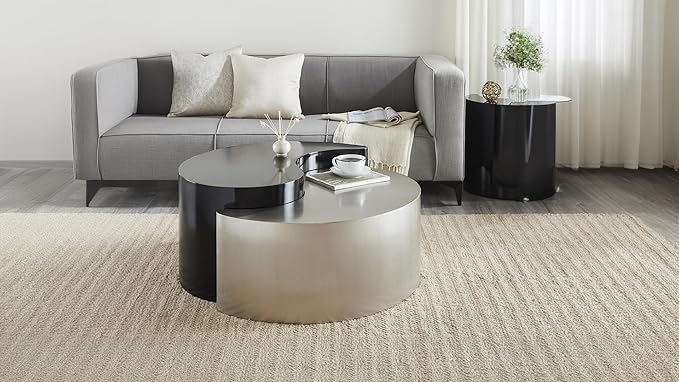 Modern Contemporary Luxury Ying-Yang 36" Coffee Table Set, Sculptural Design with Aluminum Frame for Living Room, Entryway, Home & Office, Black & Silver Dual Tone Coffee Table