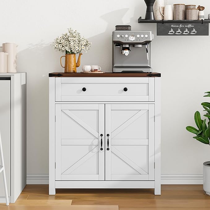 Farmhouse Storage Cabinet with 2 Doors, White Kitchen Cabinet with Walnut Countertop, Freestanding Floor Storage Cabinets Hutch Cupboard