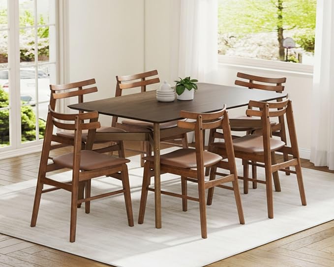 VESCASA 5-Piece Dining Set, 59" L Colonial Oak Rectangle Wood Dining Table with 4 Curved Back Faux Leather Brown Wood Dining Chairs for Dining Room, Kitchen, Restaurant, Dining Set for 4