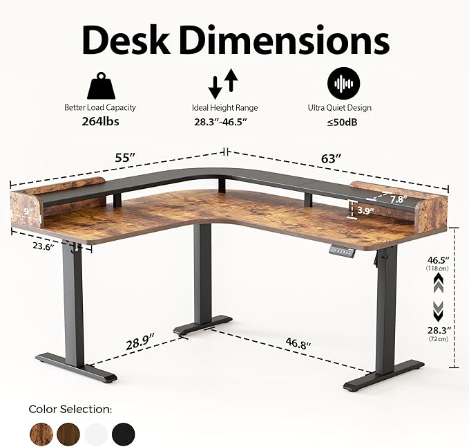 Agilestic L Shaped Standing Desk, Adjustable Height Corner Gaming Desk with Shelf, Sit Stand Up Desk, 63 x 55 Inch Home Office Computer Table, Rustic Brown