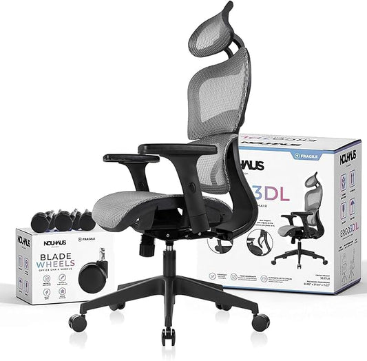 Nouhaus Ergo3dL Home Office Desk Computer Chairs Ergonomic Office Chair High-Back Mesh Rolling Work Chairs with Wheels and Adjustable Headrests Comfortable Lumbar Support Adjustable Armrests,Gray
