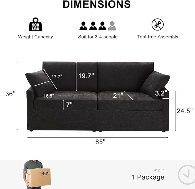 85" Chenille Sofa Couches for Living Room, 3 Seater Sofa with 2 Pillows, Modern Couches Tool-Free Setup, Comfy Oversized Loveseat with Medium Firm Cushions for Small Spaces, Apartment