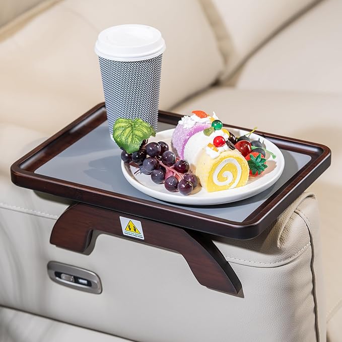 Couch Armrest Table, Foldable Bamboo Sofa Arm Tray for Couch with a Non-Slip Pad, Clip On Couch Arm Table for Remotes/Eatting/Drinks, Fits Sofa Armrest 3.5"-13.5" Brown