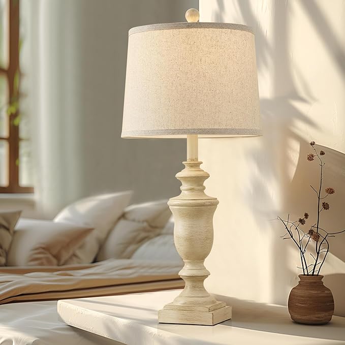 27.5" Vintage Farmhouse Table Lamps Set of 2 Bedside Lamp, 3 Way Dimmable Bedroom Lamps with 2 USB Ports +AC Outlet Nightstand Lamp Rustic Lamp (Rotary-Antique Beige)