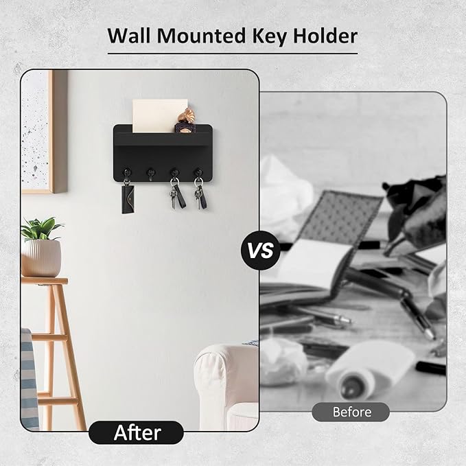 Nekon Key Holder Wall Mount, 8.5 Inch Small Home Decor Wooden Wall Organizer with 4 Hooks and Shelf, Key and Mail Holder for Living Room Entryway Kitchen (Black)
